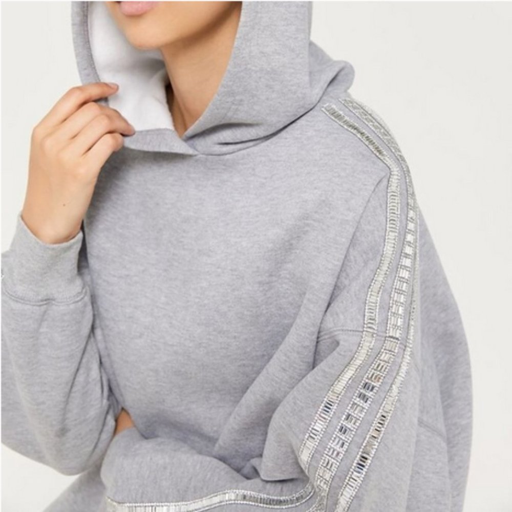 Urban Outfitters UO Grey Hooded Sweatshirt Hoodie w Rhinestone Bling Gem Arms Sm